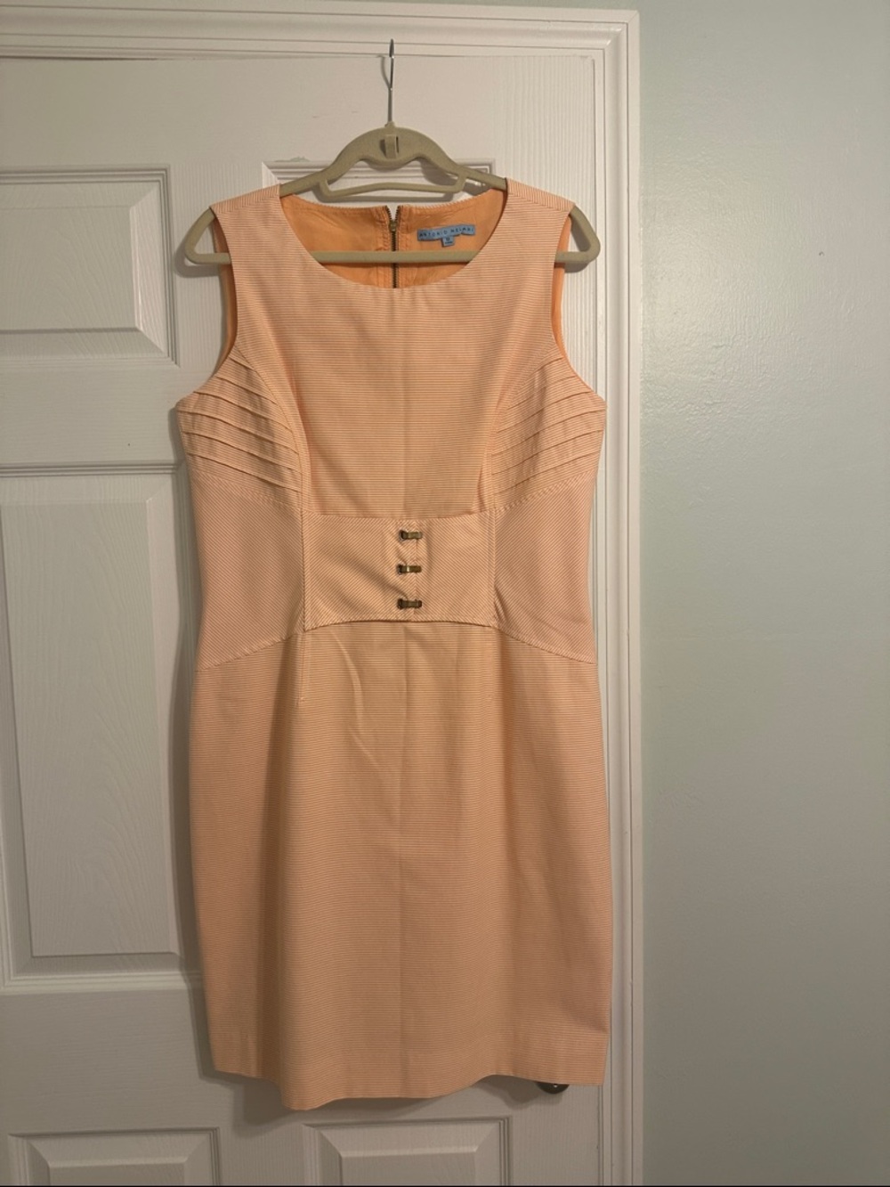 ANTONIO MELANI Peach Sleeveless Midi Sheath Dress with Front Hook Detail